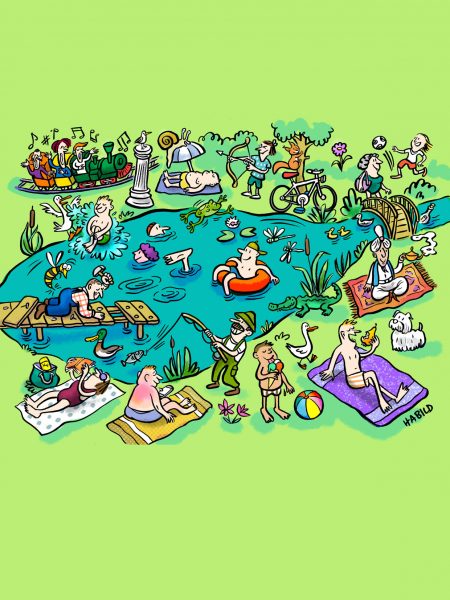 wimmelbild wimmelteich teich badeteich see badesee sommer baden steg schwimmen liegewiese sonnen menschen enten tiere spaß