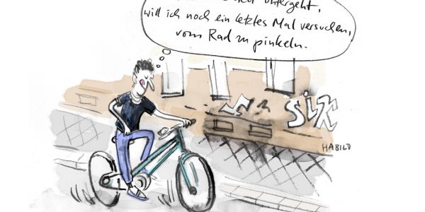 Fahrrad, Pinkeln, im Fahren pinkeln, Weltuntergang, Endzeitstimmung, Cartoon, Habild