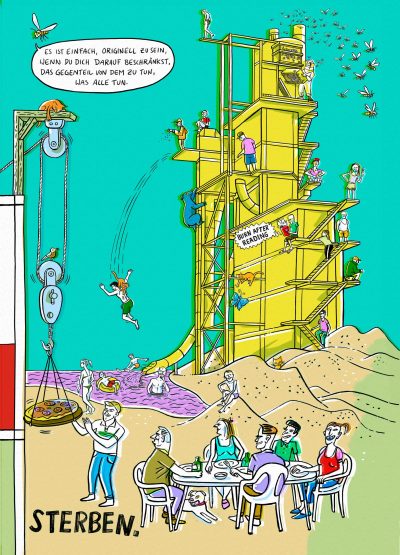 Sprung ins Glück Hafen Trier, Zeitenwende, Monster, Binnenhafen, Gramsci, Pizza, Katzen, Sprungturm, Schotter, Bienen, Bienenstock