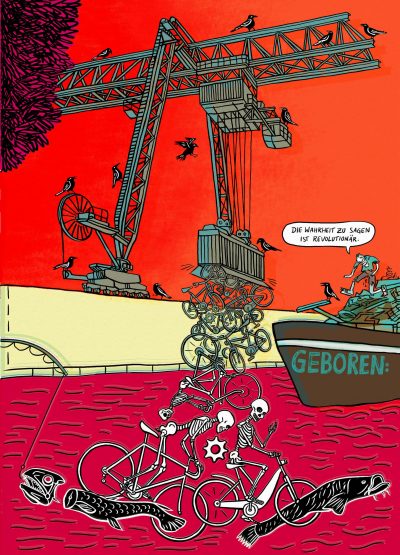 Mobilitätswende Hafen Trier, Zeitenwende, Monster, Binnenhafen, Gramsci, Fahrrad, Kran, Container, Containerkran, Skelett, Fische, Schrott, Krähen
