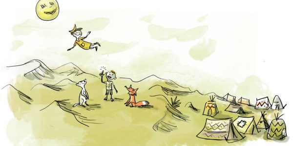 Illustration, Kinderbuch, Zeichnung für Kinder, Kinderillustration, Wüste, REise, Mond, Kinder spielend, Flug, fliegen, Mondkind, Fuchs, Erdmännchen