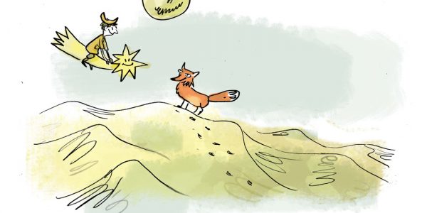Illustration, Kinderbuch, Zeichnung für Kinder, Kinderillustration, Mond, Kinder spielend, Flug, fliegen, Mondkinder, Mondkind, Sternschnuppe, Fuchs