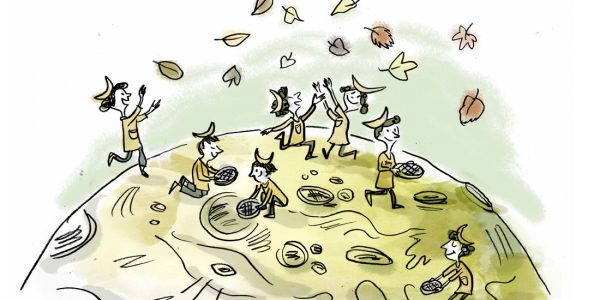 Illustration, Kinderbuch, Zeichnung für Kinder, Kinderillustration, Mond, Blätter, Kinder spielend, Mondkinder, Mondkind