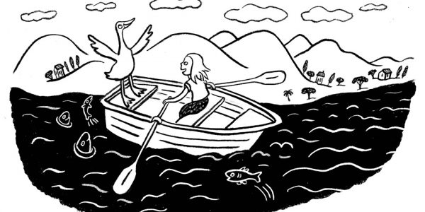 Illustration, Kinderbuch, Zeichnung für Kinder, Kinderillustration, Gans, Boot, Bootsfahrt, See, Ruderboot, Rudern