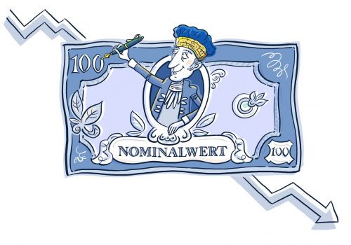 Finanzen, Wirtschaft, Illustration, Geld, Vermögen, Anlage, Symbolbild, asset management, Wirtschaftsillustration, Banker, Business, Banking, Börse, Aktien, Cartoon, Deflation, Geldanlage