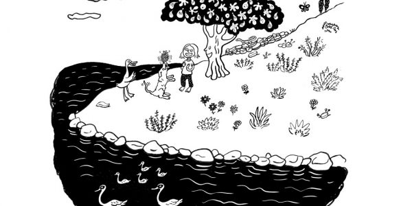 Illustration, Kinderbuch, Zeichnung für Kinder, Kinderillustration, Feigenbaum, Gans, Tannenzapfen, Hund