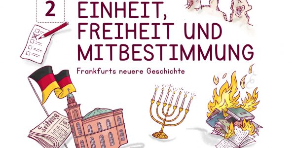 Schulheft, Frankfurt, Schulbuch Illustration, Grafik, Zeichnung, Kinder, Sachunterricht, Kinderillustration, Wissen, Stadt, Geschichte, Frankfurt, Paulskirche, Bücherverbrennung, Demokratie, Pokrom