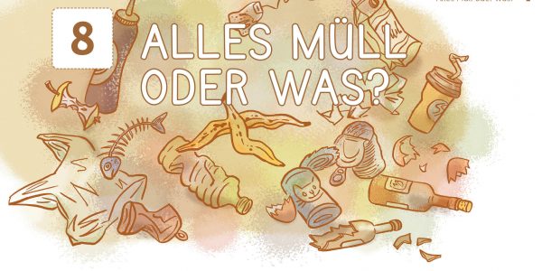 Schulheft, Frankfurt, Schulbuch Illustration, Grafik, Zeichnung, Kinder, Entsorgung, Sachunterricht, Kinderillustration, Wissen, Stadt, Müll, Kommune, Mülltrennung, Müllproblem, Recycling