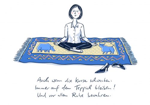 Finanzen, Finanzwelt, Aussitzen, Entspannung, Yoga, Aktienkauf, Wirtschaft, Illustration, Geld, Vermögen, Anlage, Symbolbild, Wirtschaftsillustration, Business, Banking, Börse, Aktien, Cartoon, Geldanlage