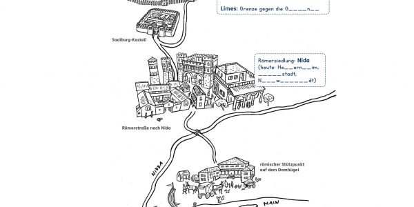 Schulheft, Frankfurt, Schulbuch Illustration, Grafik, Zeichnung, Kinder, Sachunterricht, Römer, Kinderillustration, Wissen, Stadt, Geschichte, Siedlung, Stadtentwicklung, Limes, Römersiedung