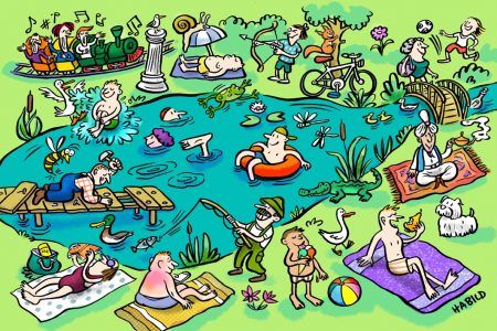 Wimmelbild, Badesee, Sommer, Schwimmteich, Teich, Kinder, Illustration, Cartoon