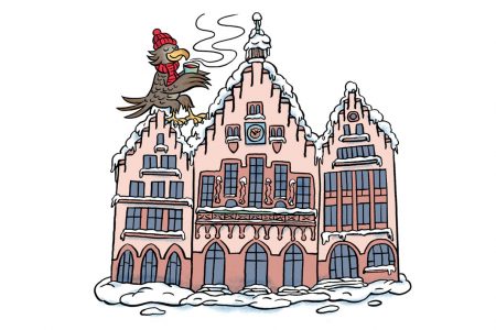 Römer, Frankfurt, Adler, Tee, Winter, Cartoon, Wappentier, Illustration