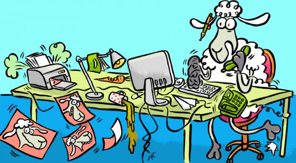 Elvis, Cartoon, Comic, Schaf, Tier, Sympathiefigur, Cartoonfigur, Telefon, Schreibtisch, Drucker, Arbeit, Büroarbeit, Comicfigur, Büro, Arbeit, Chaos, office