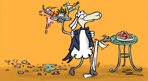 Elvis, Cartoon, Comic, Schaf, Tier, Sympathiefigur, Cartoonfigur, Comicfigur, Kellner, Tablett, Gastronomie