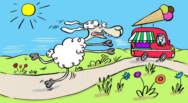 Elvis, Cartoon, Comic, Schaf, Tier, Sympathiefigur, Cartoonfigur, Comicfigur, Sommer, Eiswagen, Hitze, Abkühlung, Eiscreme, Erfrischung