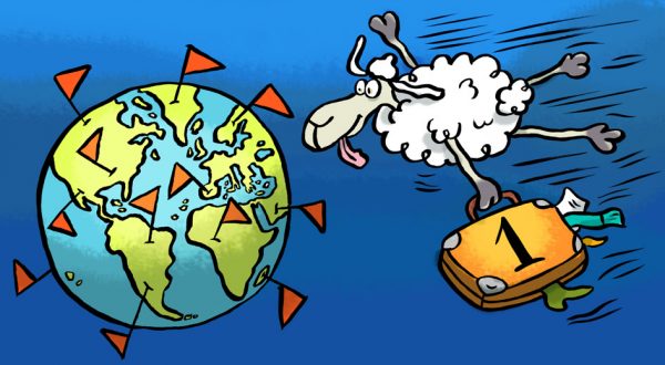 Elvis, Cartoon, Comic, Schaf, Tier, Sympathiefigur, Cartoonfigur, Comicfigur, Reise, Weltreise, Globus, Universum, Fliegen, Urlaub