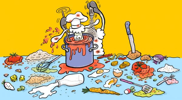 Elvis, Cartoon, Comic, Schaf, Tier, Kochen, Chaos, Küche, Würzen, Suppe, Sympathiefigur, Cartoonfigur, Comicfigur,