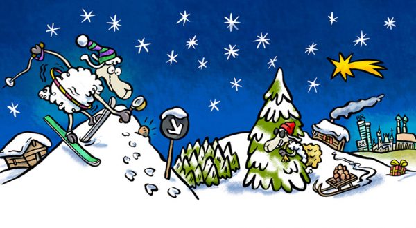 Elvis, Cartoon, Comic, Schaf, Tier, Weihnachtslandschaft, Schnee, Winter, Sympathiefigur, Cartoonfigur, Comicfigur, Weihnachten