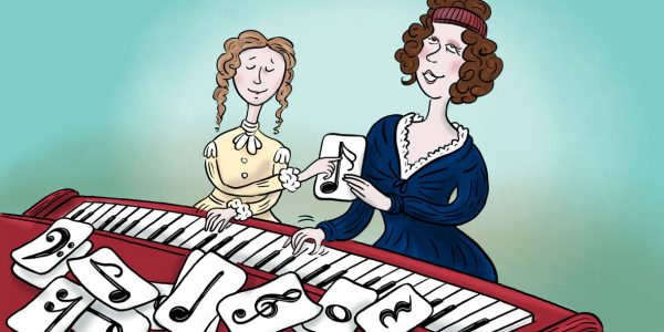 klassik, klassische musik, illustration, komponisten, porträt, portait, musik, karikatur, cartoon, komponist, komponistin, maria theresia von paradis, klavier, klavierlehrerin, noten